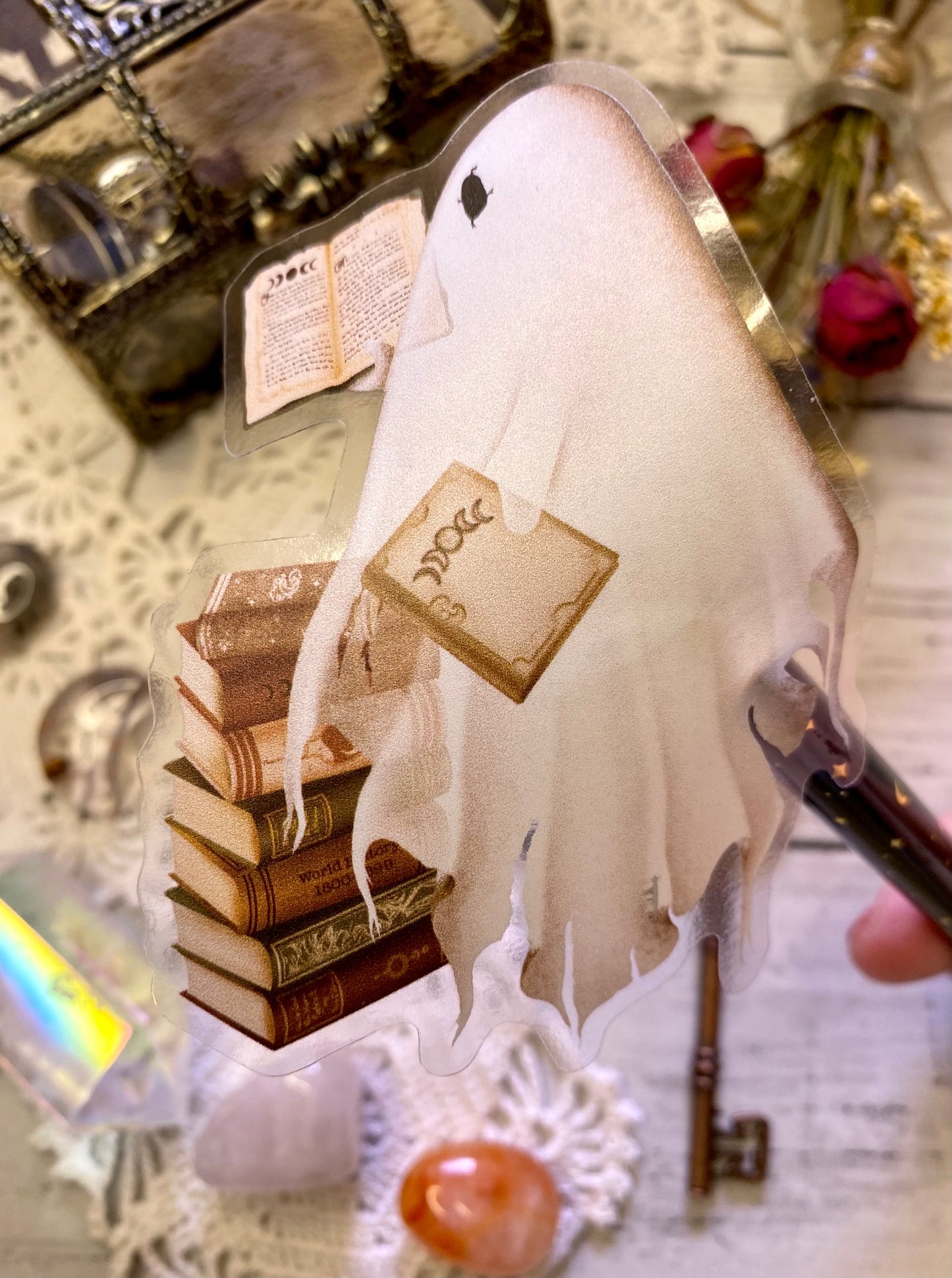 Ghost with Books Die Cut Sticker